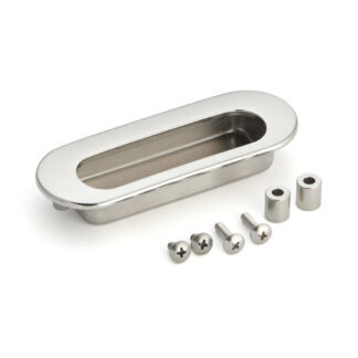 Coque de poignée en acier inoxydable V4A, 114 mm (4,5″) HH-DS114M et HH-DS114S. Poignée coquille en acier inoxydable V4A (SUS316) de la plus haute qualité, sans corrosion, pour montage sur tôle et bois, adaptée aux environnements humides, rugueux et hautement corrosifs par Sugatsune / LAMP® (Japon) - Poli à un éclat