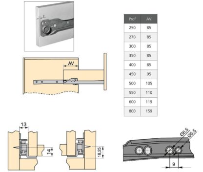 Guidages de poussée à rouleaux, rallonge partielle, laqué noir, RAL 9005, 250 mm (9.9 ») E.T30C.25.BL. Guides coulissants à rouleaux en acier avec extension partielle, pour tiroir en bois, tiroir à plateau, tiroir en bois, meubles de cuisine, mobilie – Image 5