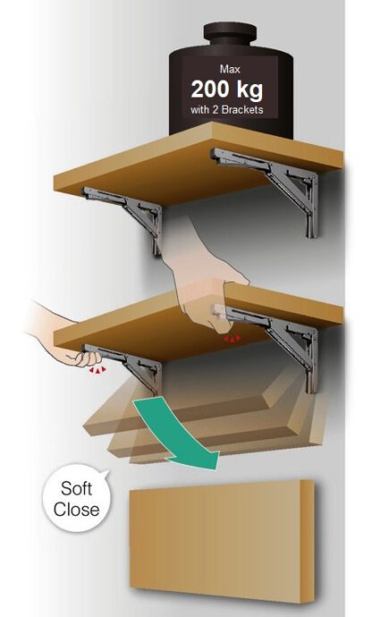 Support de table pliante robuste de haute qualité avec amortisseur à fermeture douce EB-317-DA en acier inoxydable. Support pliant jusqu’à 200 kg de charge utile. Support de clapet de ROCA / Sugatsune – Image 5